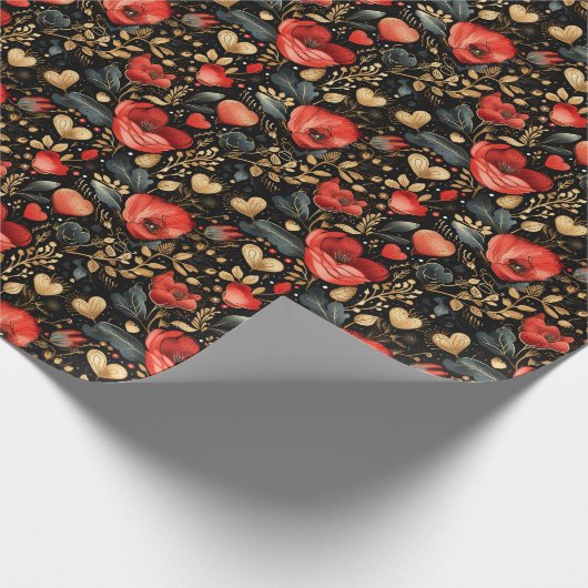 Rote Rosen und Goldene Herzen Geschenkpapier (Ecke)