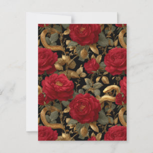 Rote Rosen und goldenes Schlangenmuster Postkarte