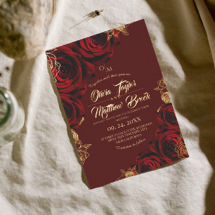 Rote Rosen und Goldfolie Hochzeit Folieneinladung