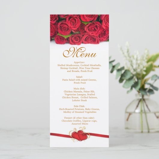 Rote Rosen- und Herz-Rackkarte Menükarte (Stehend Vorderseite)