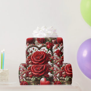 Rote Rosen und Herzen Valentinstag  Geschenkpapier