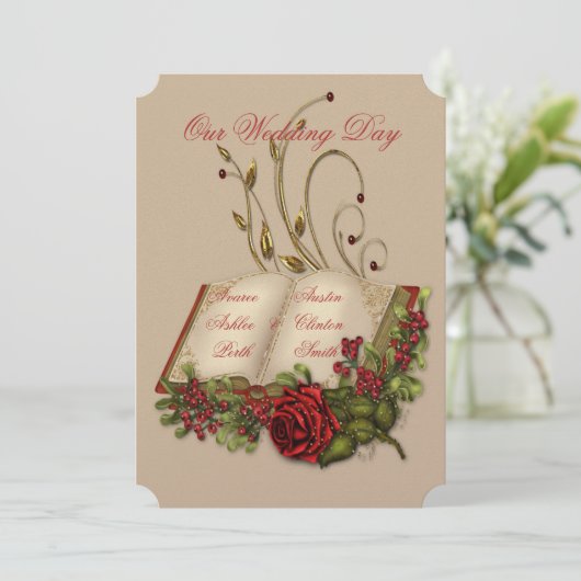 Rote Rosen und Open Bible Hochzeiten Einladung (Stehend Vorderseite)