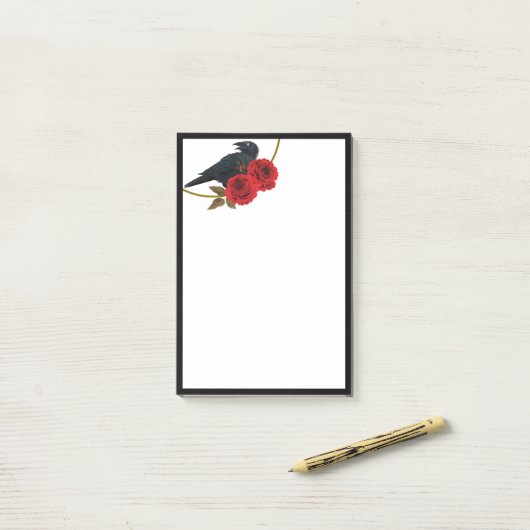 Rote Rosen und "Raven Post-it Notes" Klebezettel (Auf Schreibtisch)