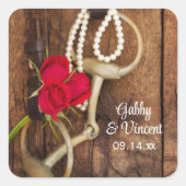 Rote Rosen- und Reitpferde Western Hochzeit Quadratischer Aufkleber (Vorderseite)