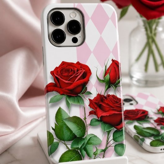 Rote Rosen und rosa und weißes Diamantmuster Case-Mate iPhone Hülle