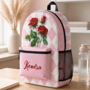 Rote Rosen und rosa-weißes Diamantmuster Bedruckter Rucksack