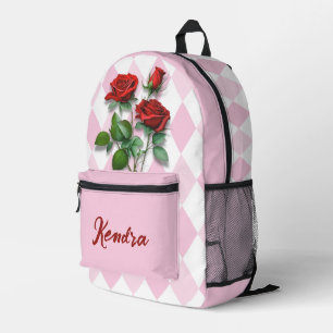 Rote Rosen und rosa-weißes Diamantmuster Bedruckter Rucksack