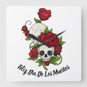 Rote Rosen und Schädel glücklicher Tag der Toten Quadratische Wanduhr