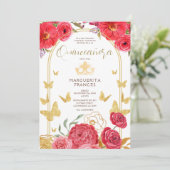 Rote Rosen und Schmetterlinge Gold Glitzer Quincea Einladung (Stehend Vorderseite)
