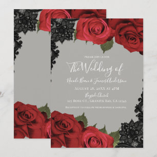 Rote Rosen und schwarze Spitze Graue Chic-Hochzeit Einladung