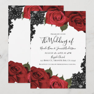 Rote Rosen und schwarze Spitze Weiße Chic-Hochzeit Einladung