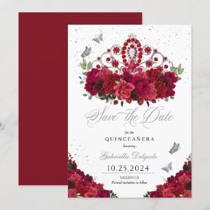 Rote Rosen und Silver Tiara Save the Date Quinceañ Einladung