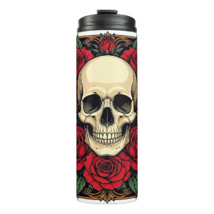 Rote Rosen und Skelett-Schädel Art Nouveau Thermosbecher