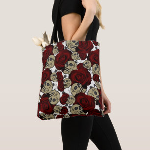 Rote Rosen und Skulls Schwarz Floral Gothisch Weiß Tasche
