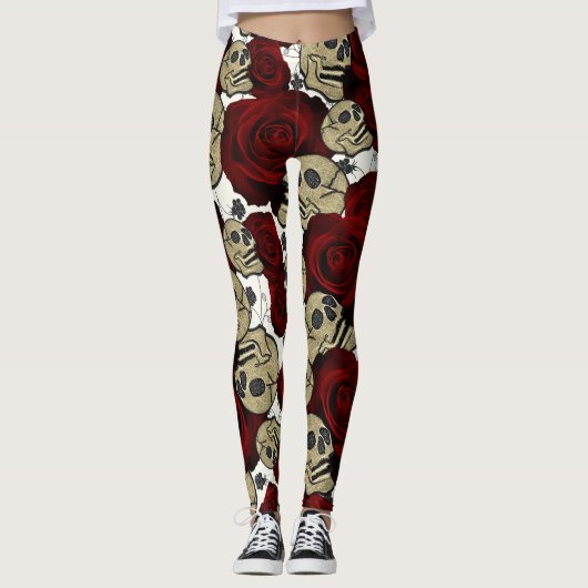 Rote Rosen und Skulls Schwarze Flora Gothisch Weiß Leggings (Vorderseite)