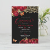Rote Rosen und Spitzen Glamour Butterfly Quinceañe Einladung (Stehend Vorderseite)
