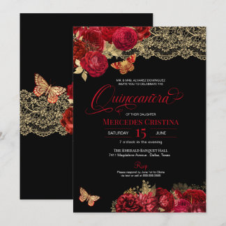 Rote Rosen und Spitzen Glamour Butterfly Quinceañe Einladung