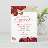 Rote Rosen und Spitzen Glamour Butterfly Quinceañe Einladung (Stehend Vorderseite)