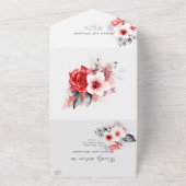 Rote Rosen und weiße Blume Moderne Hochzeit All In One Einladung (Außenbereich)