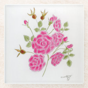 Rote Rosen Untersetzer aus Quadratglas