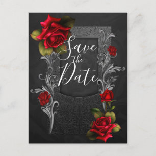 Rote Rosen verzierte gotische Hochzeit Save the Da Ankündigungspostkarte