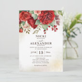 Rote Rosen Vintag Botanisches Foto Hochzeit Einladung (Stehend Vorderseite)