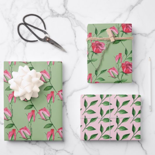 Rote Rosen Wasserfarben Handgemalt Geschenkpapier Set (Vorderseite)