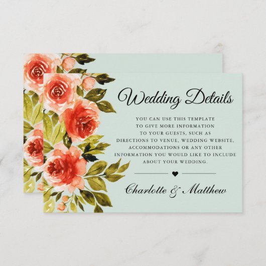 Rote Rosen Wasserfarbener Botanischer Hochzeitsdet Begleitkarte (Vorne/Hinten)