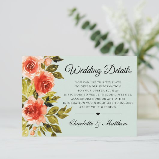 Rote Rosen Wasserfarbener Botanischer Hochzeitsdet Begleitkarte (Stehend Vorderseite)