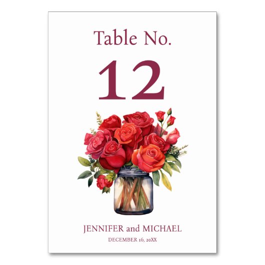 Rote Rosen Wasserfarbenprächtige Hochzeitsstimmung Tischnummer (Rückseite)