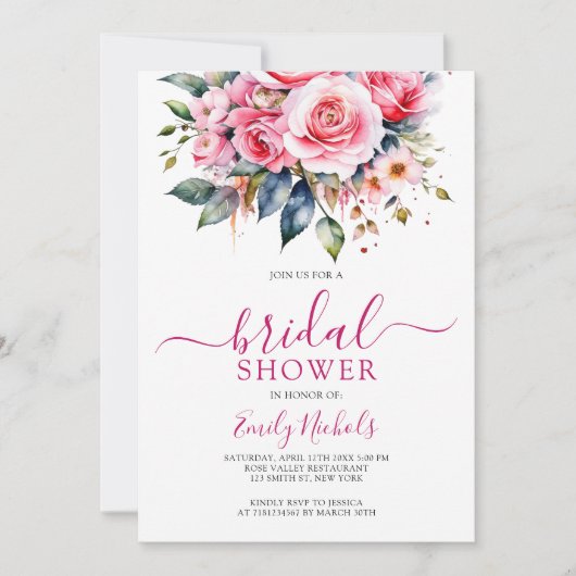 Rote Rosen WASSERFARBPINK FLORALBOUQUET SWEET 16 Einladung (Vorderseite)