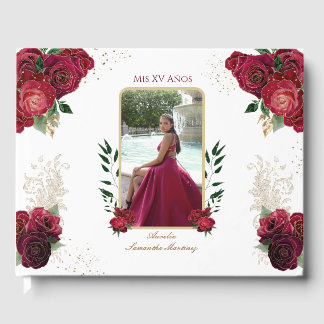 Rote Rosen, Weiß, Quinceñera Libro de Firmas Gästebuch