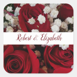 Rote Rosen Weißbanner Hochzeitsticker Quadratischer Aufkleber