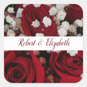 Rote Rosen Weißbanner Hochzeitsticker Quadratischer Aufkleber