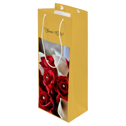 Rote Rosen Weiße Calla Lily Floral Blume Custom Geschenktüte Für Weinflaschen (Rückseite Schrägansicht)