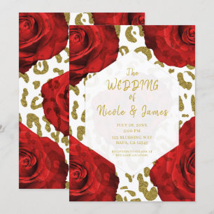 Rote Rosen weißes Gold Gepard Leopard Chic Hochzei Einladung