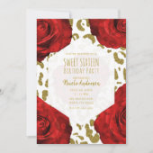 Rote Rosen White Gold Cheetah Leopard Sweet 16 Inv Einladung (Vorderseite)