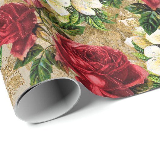 Rote Rosen White Lilies Vintage Geschenkpapier (Rolleneckpunkt)