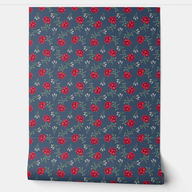 Rote Rosen zu Dusky Blue Calico Tapete (Abrollen)