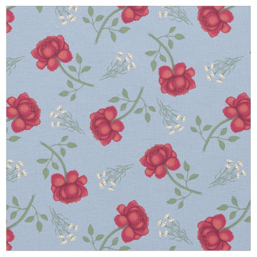 Rote Rosen zu Light Blue Calico Stoff (Nahaufnahme)