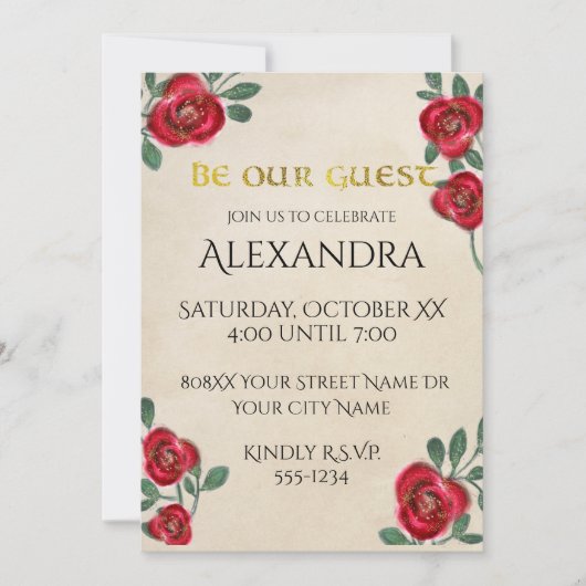 Rote Rosen zum Pergament Einladung (Vorderseite)