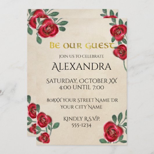 Rote Rosen zum Pergament Einladung (Vorne/Hinten)