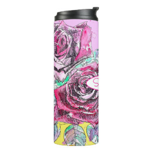Rote Rosenblumen Wasserfarbe Farbige rosa Kunst Thermosbecher