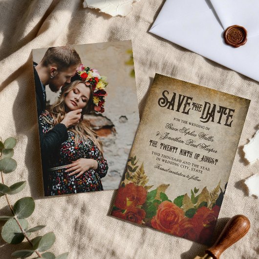 Rote Rosensträuße Vintage-Hochzeit Save The Date