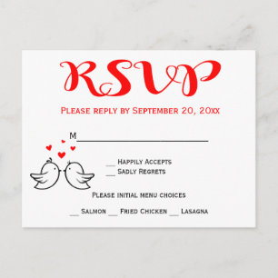Rote RSVP Lovebirds Schwarze Hochzeitsfeier Vögel Einladungspostkarte