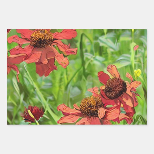 ROTE RUDBECKIA-BLÜTEN GESCHENKPAPIER SET (Vorderseite)