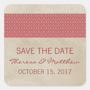 Rote Rustic-Damask-Hochzeitseinladungs-Aufkleber Quadratischer Aufkleber