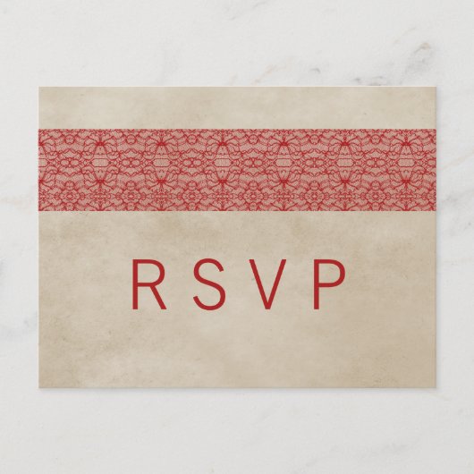 Rote Rustic Lace RSVP Postkarte (Vorderseite)