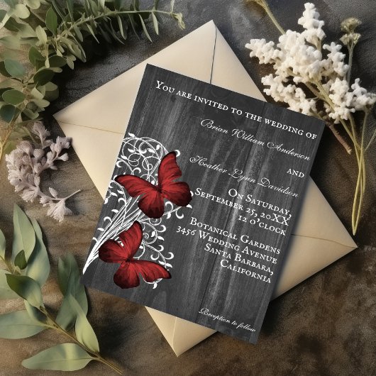 Rote Rustikale Butterfly-Einladung Einladung