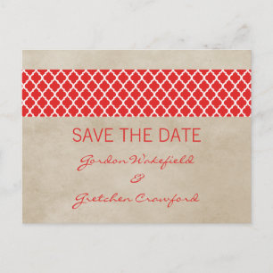 Rote rustikale Quatrefolie Save the Date Postkarte